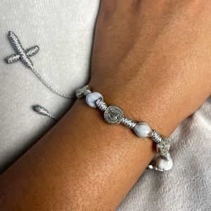 Grey Religious Blessing Medal Saint Corded Cross Bracelet